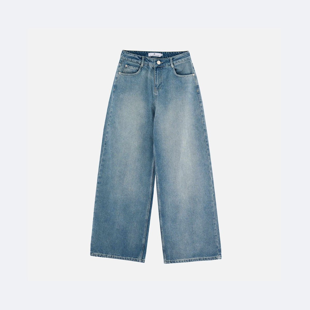 Front view flat lay of light wash blue Baggy Denim Jeans by Flashmob Nation India.