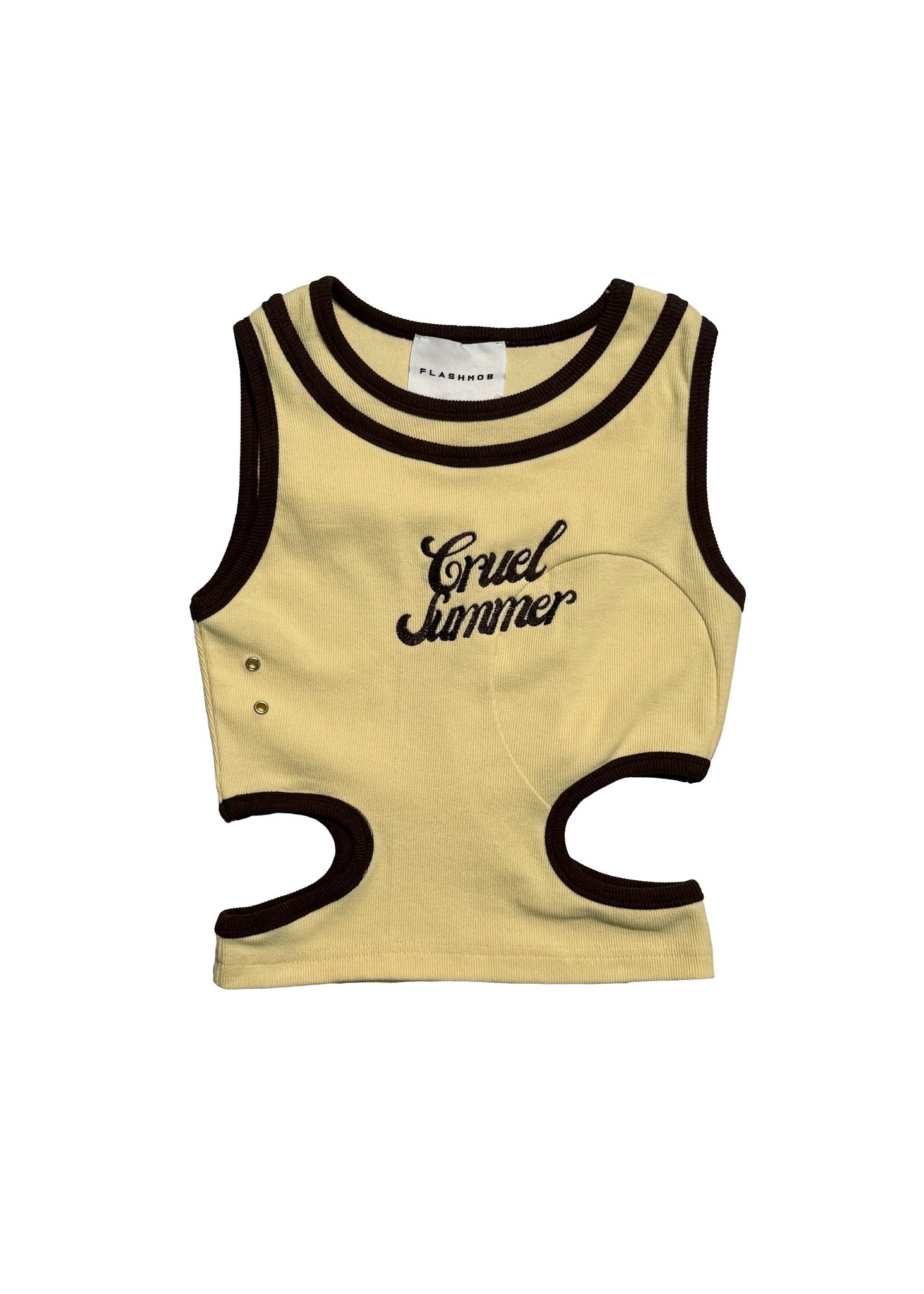 Front view flat lay of yellow Cruel Summer Cut-Out Tank Top with black trim by Flashmob Nation India.