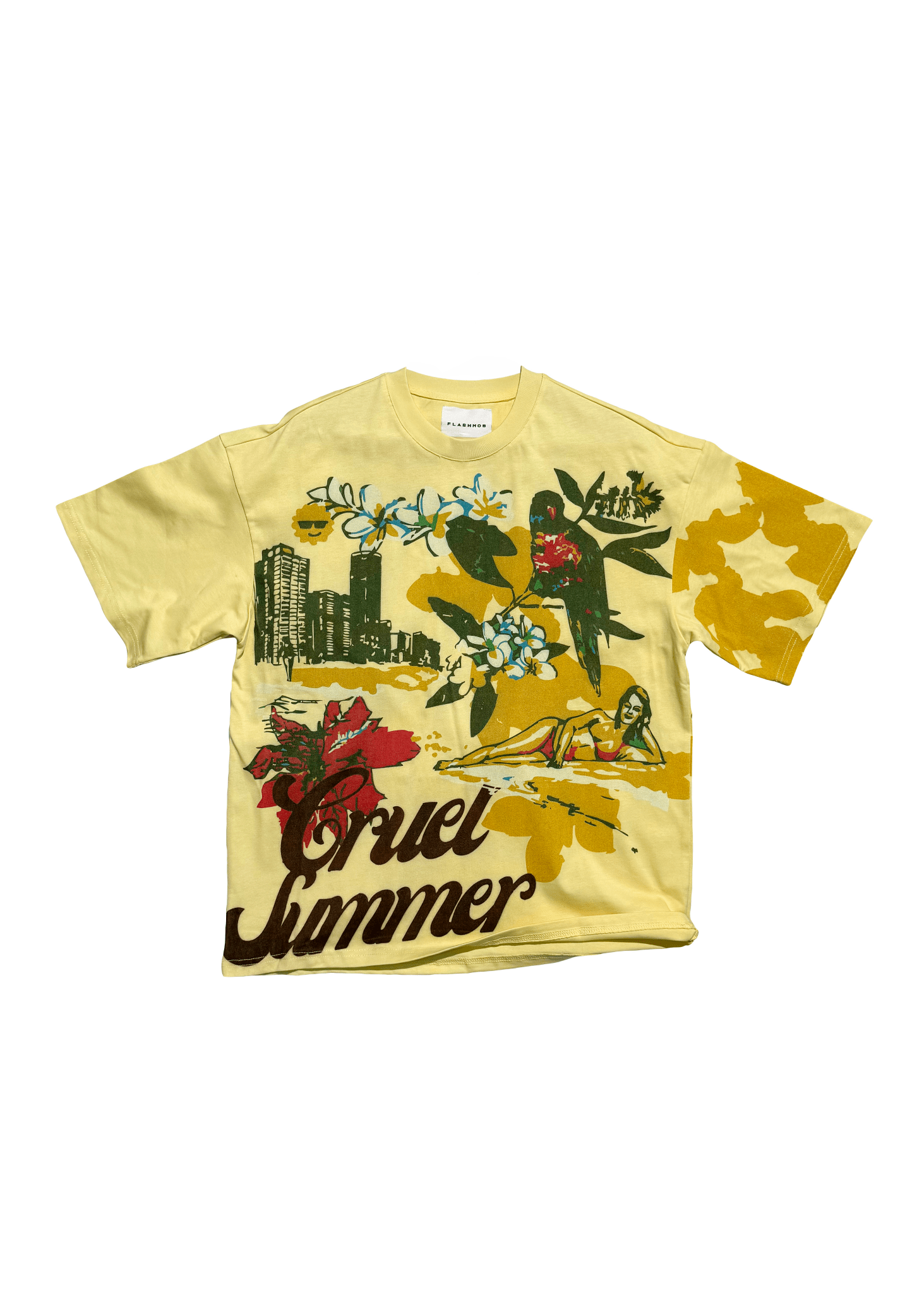 Front view flat lay of Cruel Summer Graphic T-Shirt – Sorbet Yellow by Flashmob Nation India.