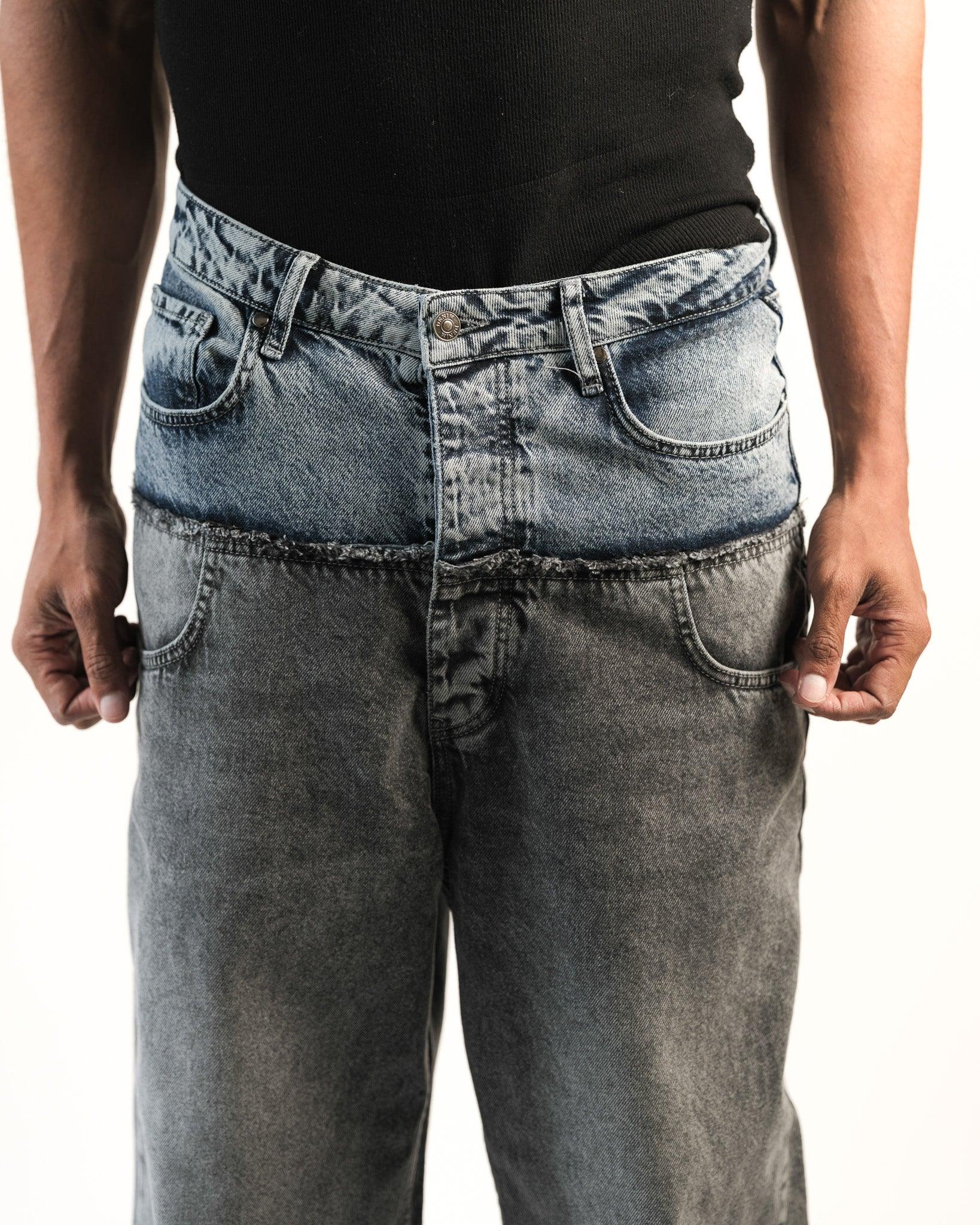 Close up front view of Dual Texture Denim Jeans showing waistband detail by Flashmob Nation India.