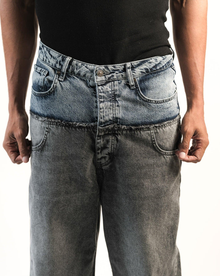 Close up front view of Dual Texture Denim Jeans showing waistband detail by Flashmob Nation India.