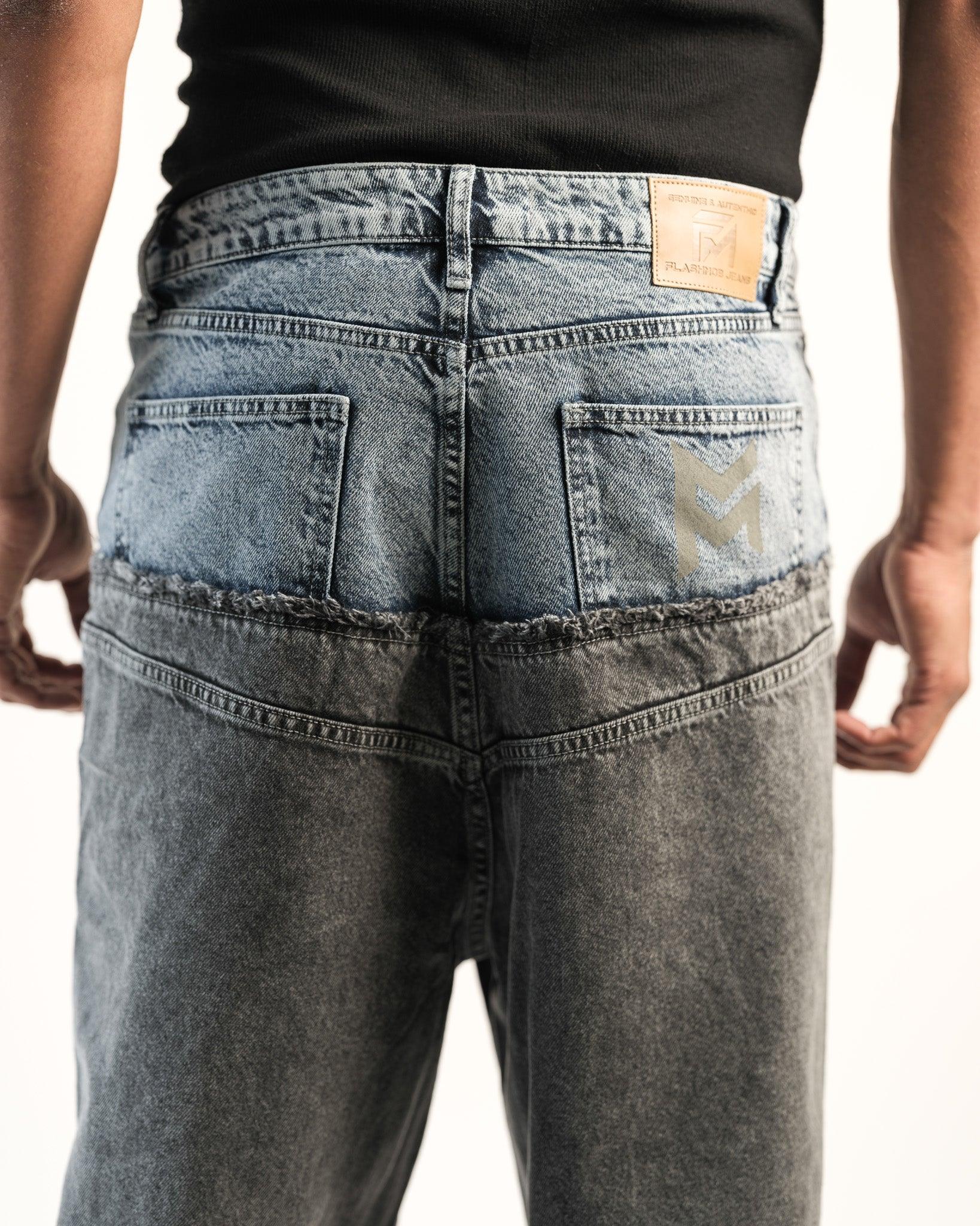 Close up back view of Dual Texture Denim Jeans with pocket and logo patch details by Flashmob Nation.