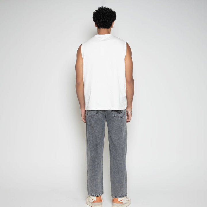 Back view of white Faded Mob Palace Sleeveless T-Shirt showcasing raw edge sleeves by Flashmob Nation.