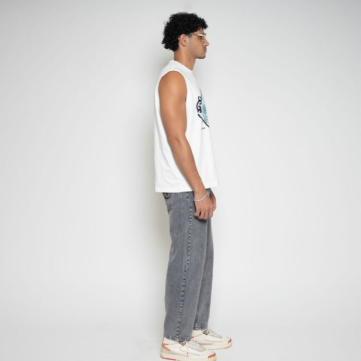 Left side view of model wearing the Faded Mob Palace Sleeveless T-Shirt by Flashmob Nation India.
