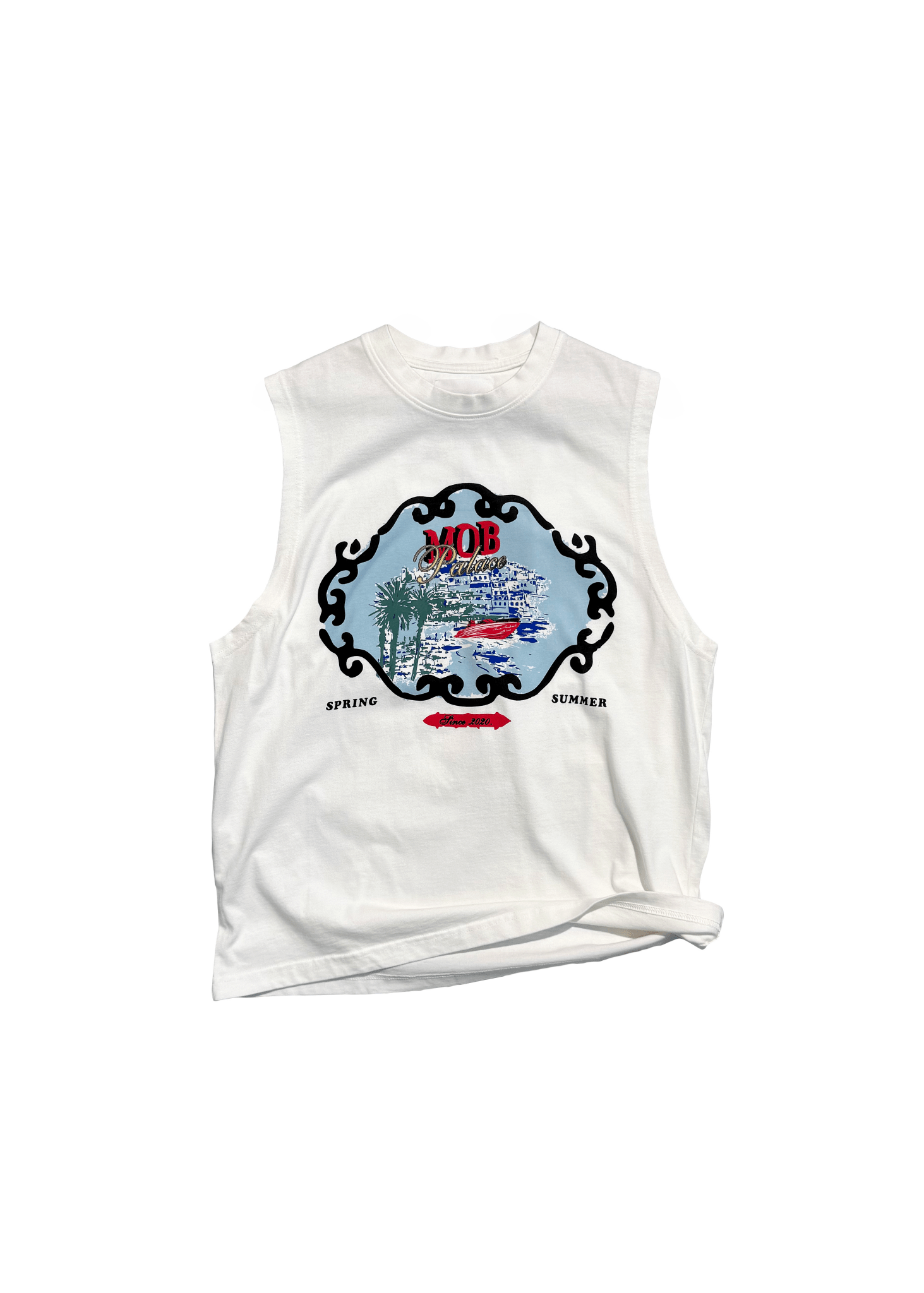 Front view flat lay of white Faded Mob Palace Sleeveless T-Shirt  by Flashmob Nation India.
