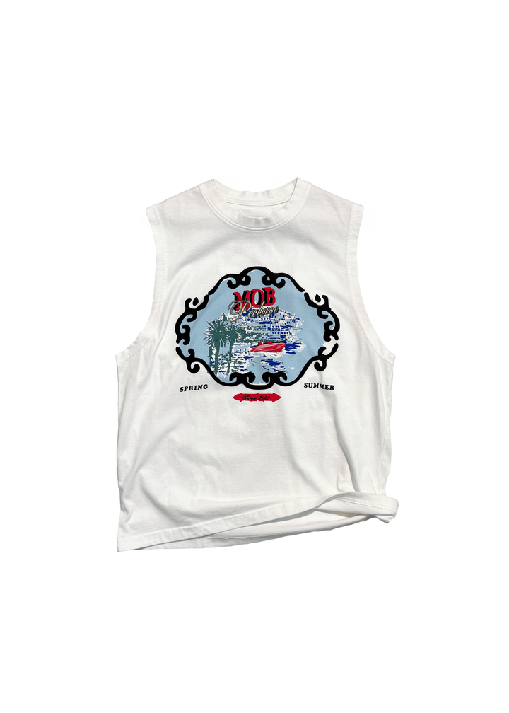 Front view flat lay of white Faded Mob Palace Sleeveless T-Shirt  by Flashmob Nation India.