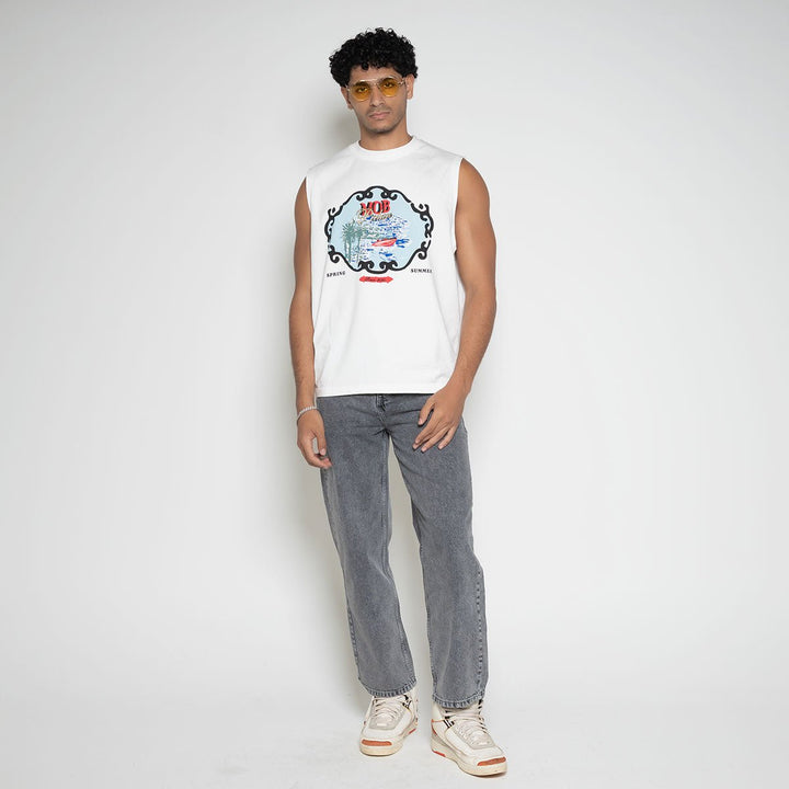 Front full body view of model wearing the Faded Mob Palace Sleeveless T-Shirt by Flashmob Nation.