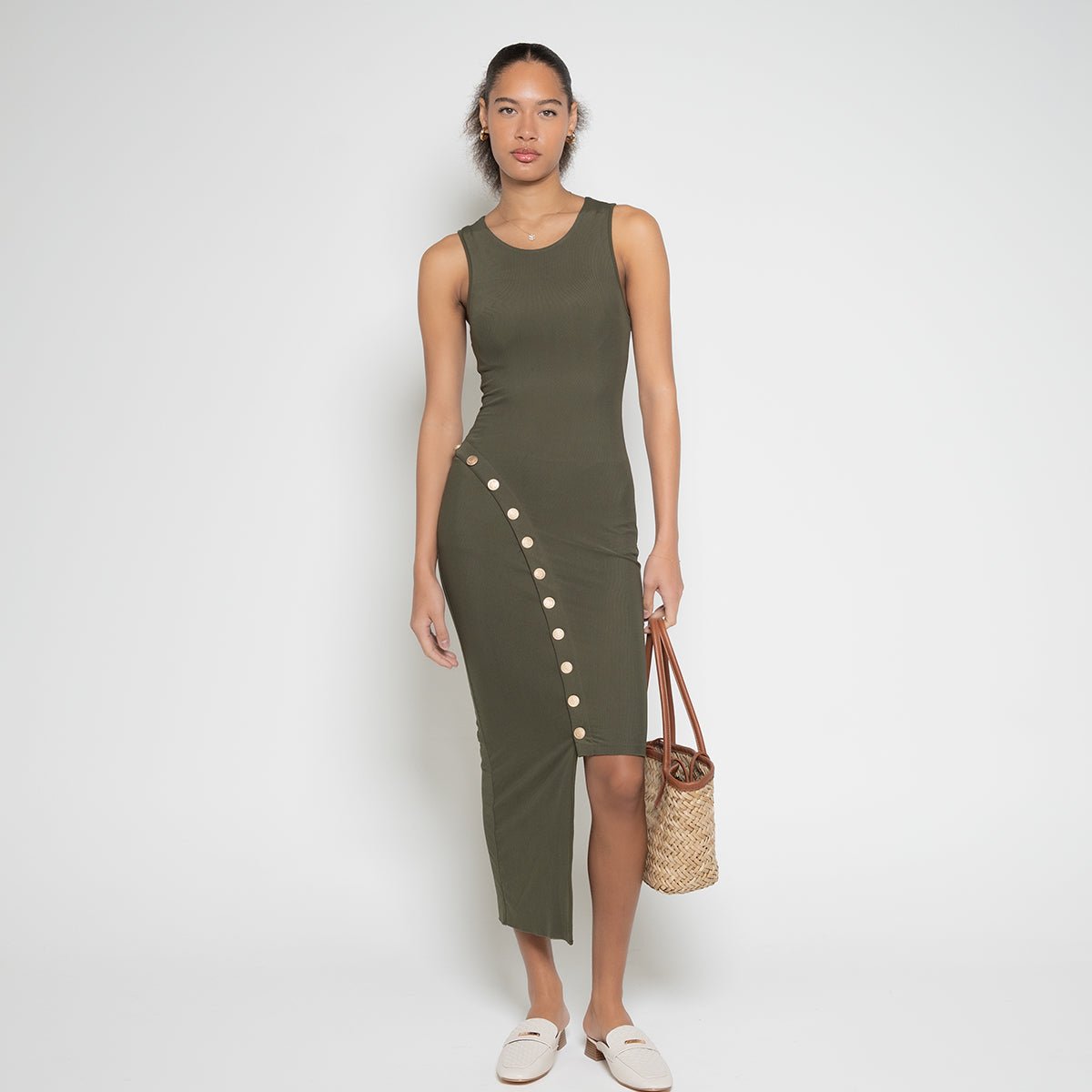 Front view of olive green ribbed FM Buttoned Maxi Dress for women by Flashmob Nation India.