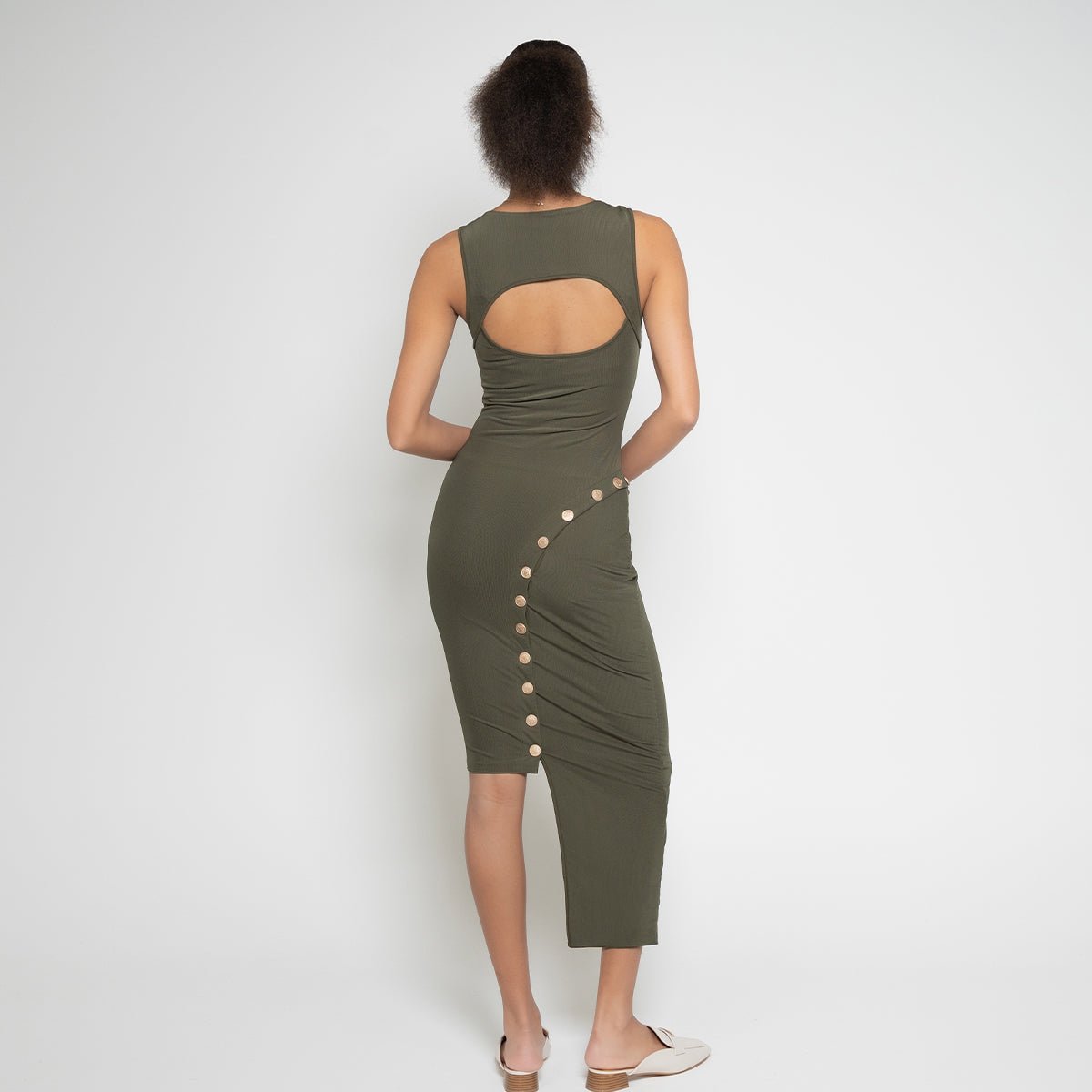 Back view of FM Buttoned Maxi Dress showcasing back cutout detail for women by Flashmob Nation India.