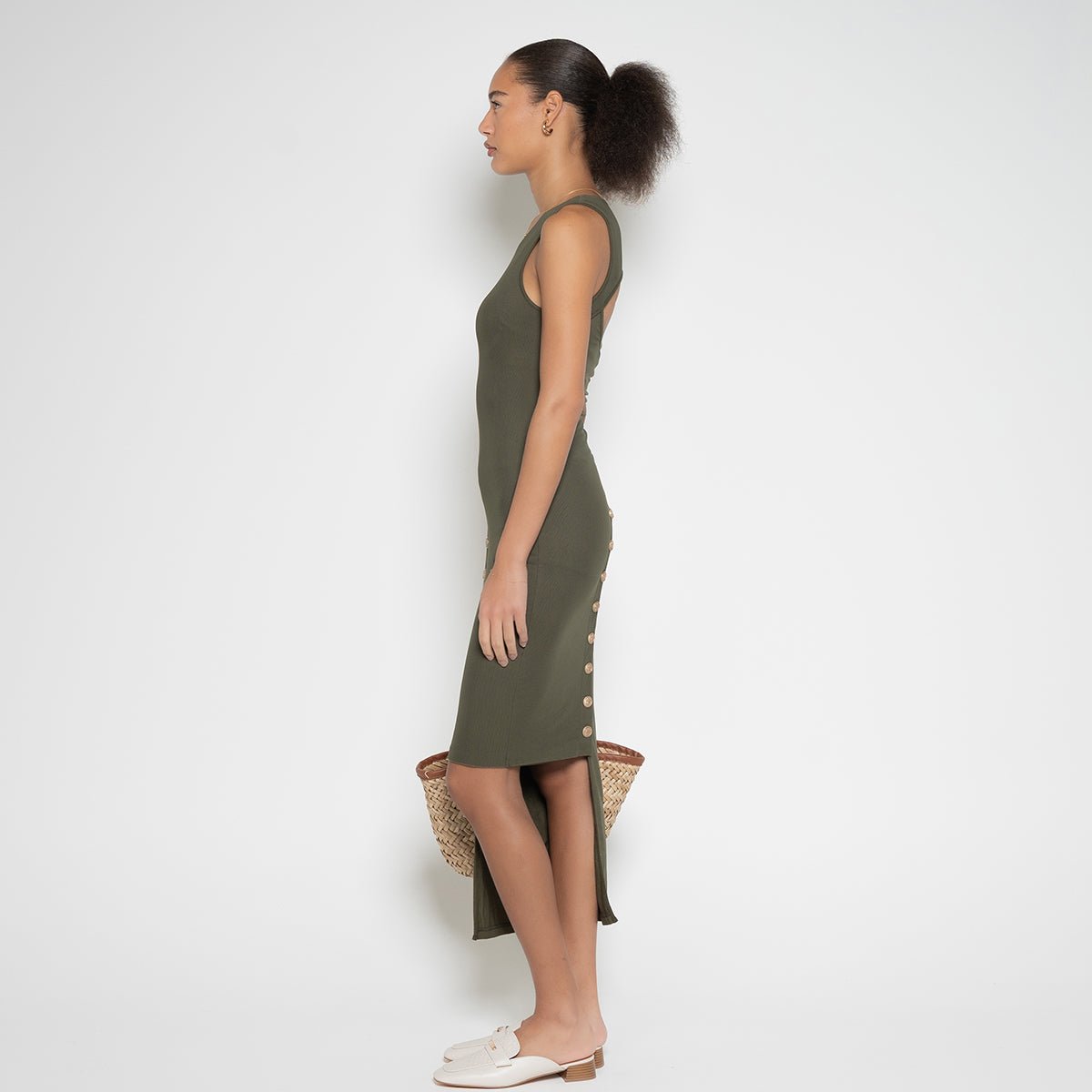 Side view of women’s olive green FM Buttoned Maxi Dress featuring side button details by Flashmob Nation.