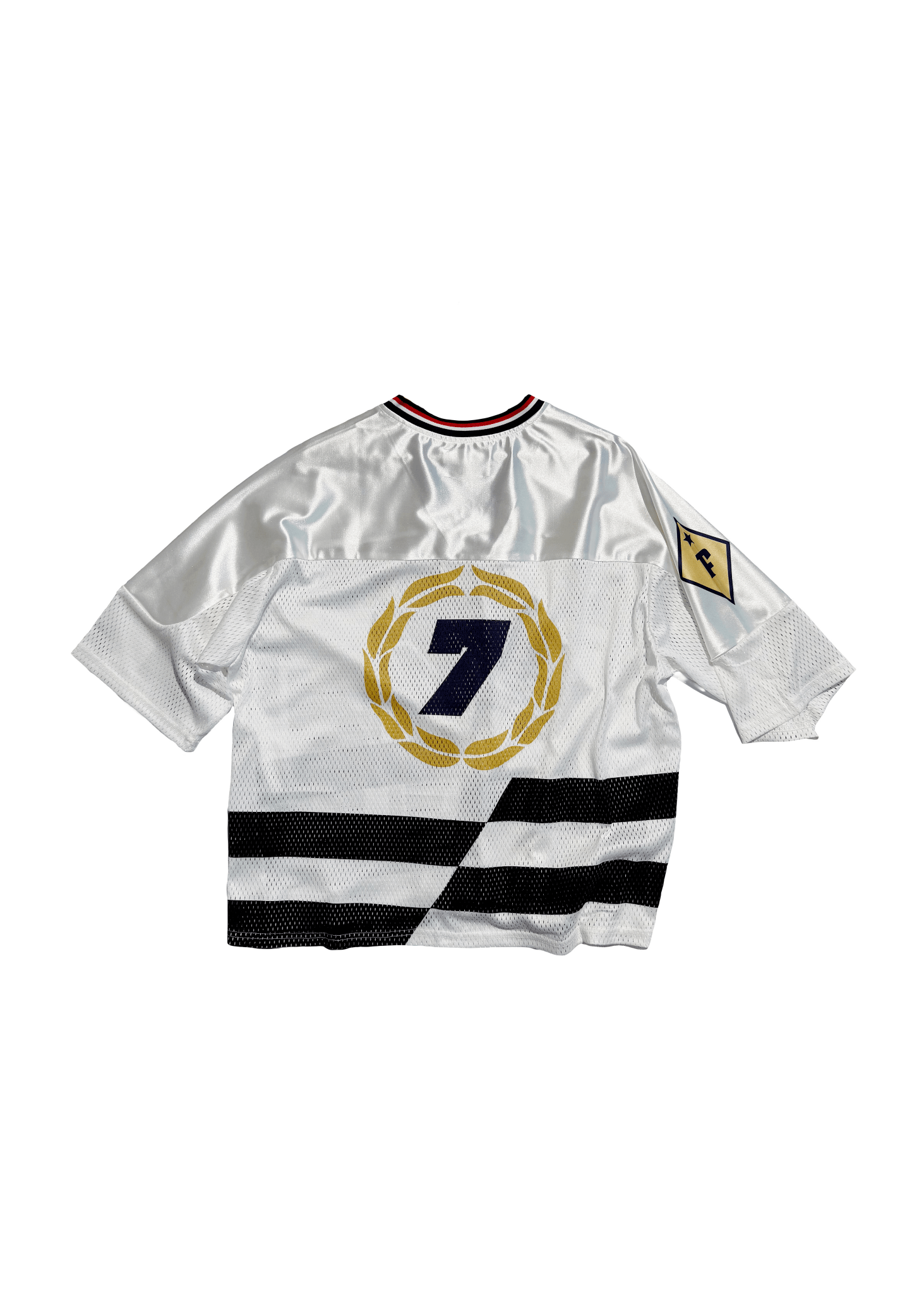 Back view flat lay of white FM Football Tee jersey showing black stripes and number 7 print by Flashmob Nation India.