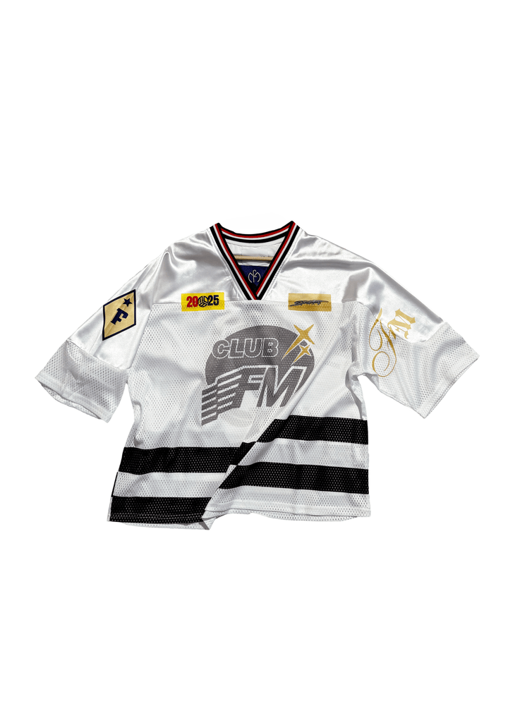 Front view flat lay of white FM Oversized Mesh T-Shirt with black stripes and graphic print by Flashmob Nation India.