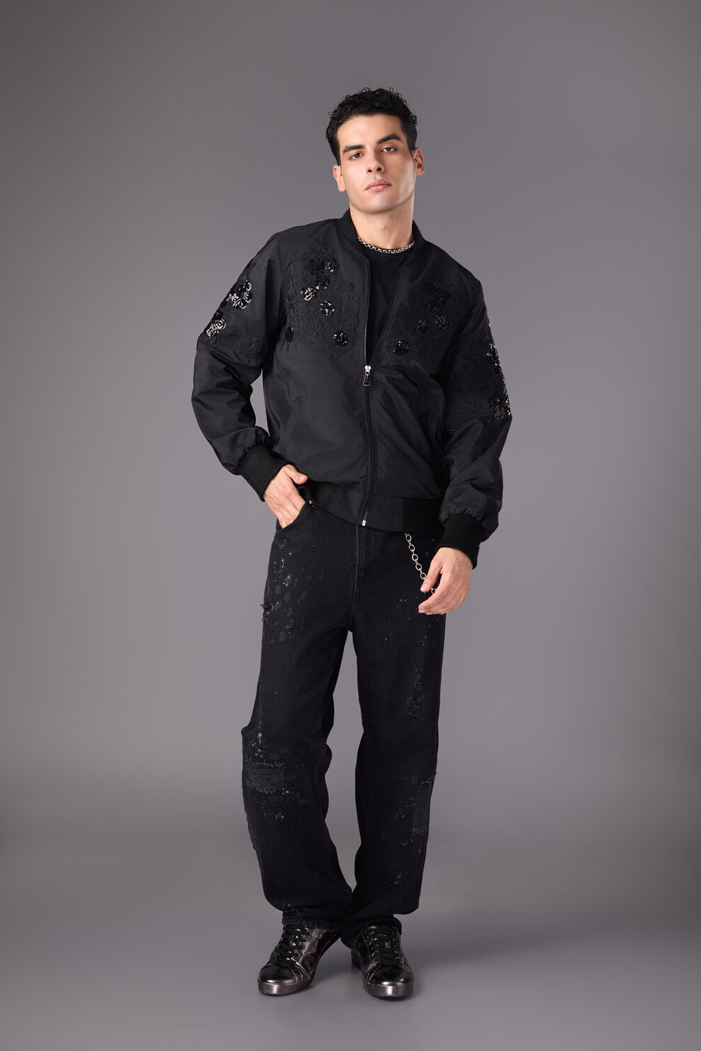 Men’s Black Embellished Bomber Jacket - Flashmob India Flashmob India Jacket
