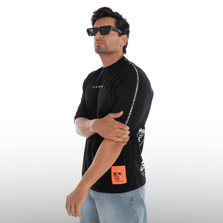 Men’s Black Graphic Tape T-Shirt - Flashmob India Flashmob Nation T-Shirt
