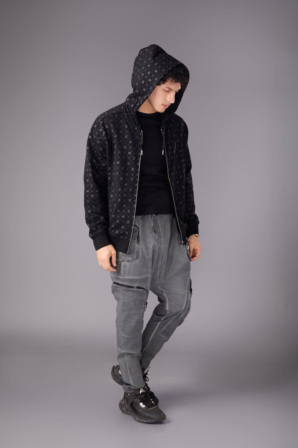 Men’s Black Monogram Hoodie Jacket - Flashmob India Flashmob India Jacket