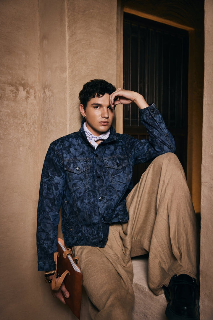 Men’s Blue Printed Denim Jacket - Flashmob India Flashmob India   Jacket