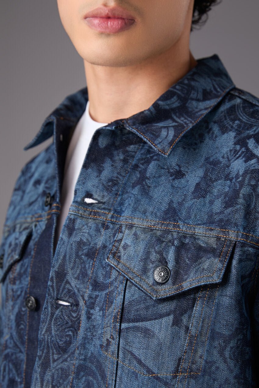 Men’s Blue Printed Denim Jacket - Flashmob India Flashmob India   Jacket