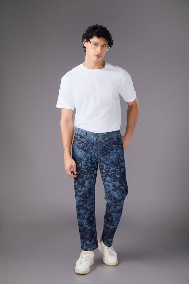 Men’s Blue Printed Straight Pants - Flashmob India Flashmob India   men bottom