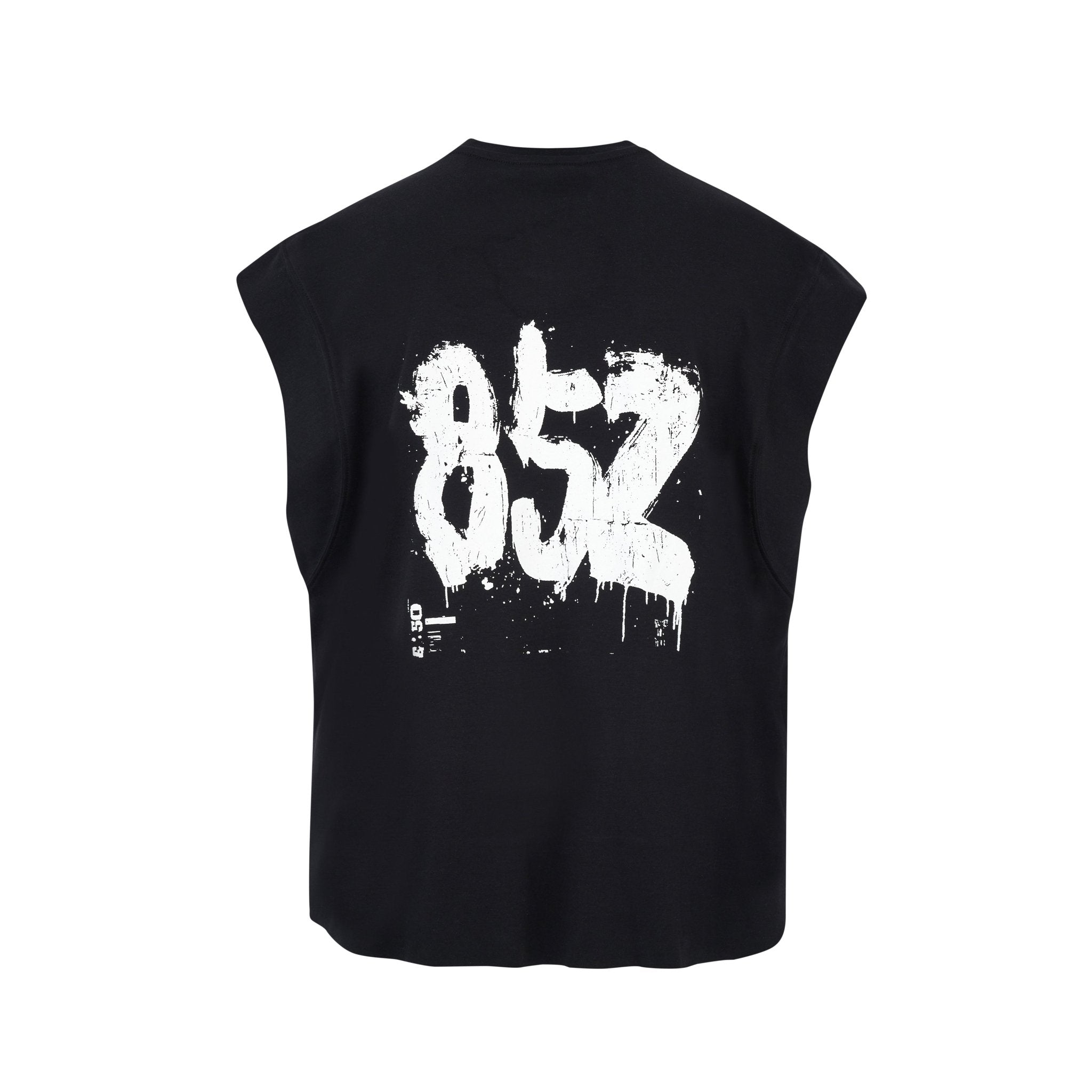 Men's black oversized muscle tee with white 852 graffiti graphic back print - Flashmob Nation