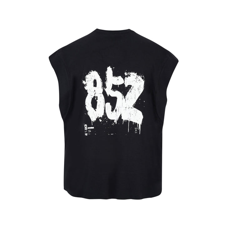 Men's black oversized muscle tee with white 852 graffiti graphic back print - Flashmob Nation