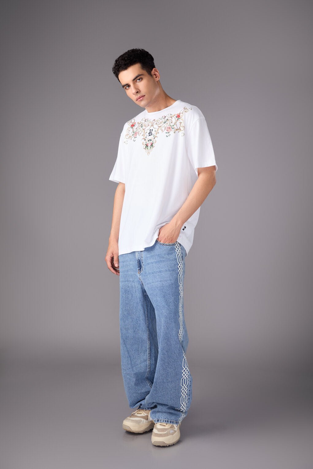 Men’s White Floral Embroidered T-Shirt - Flashmob India Flashmob India Men Tshirt