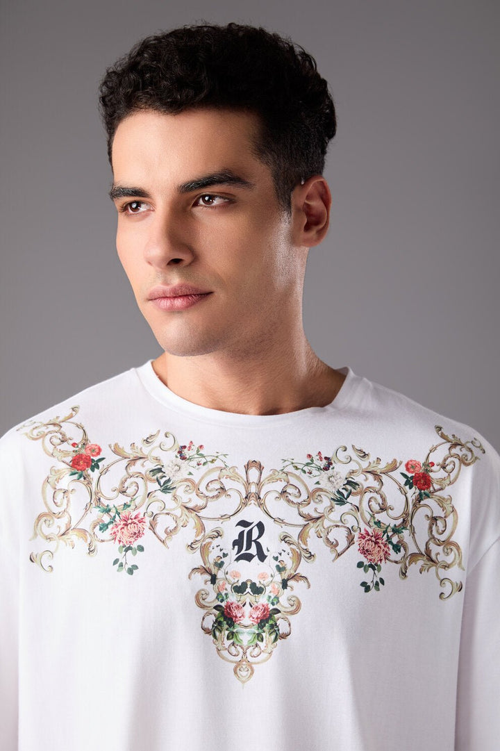 Men’s White Floral Embroidered T-Shirt - Flashmob India Flashmob India Men Tshirt