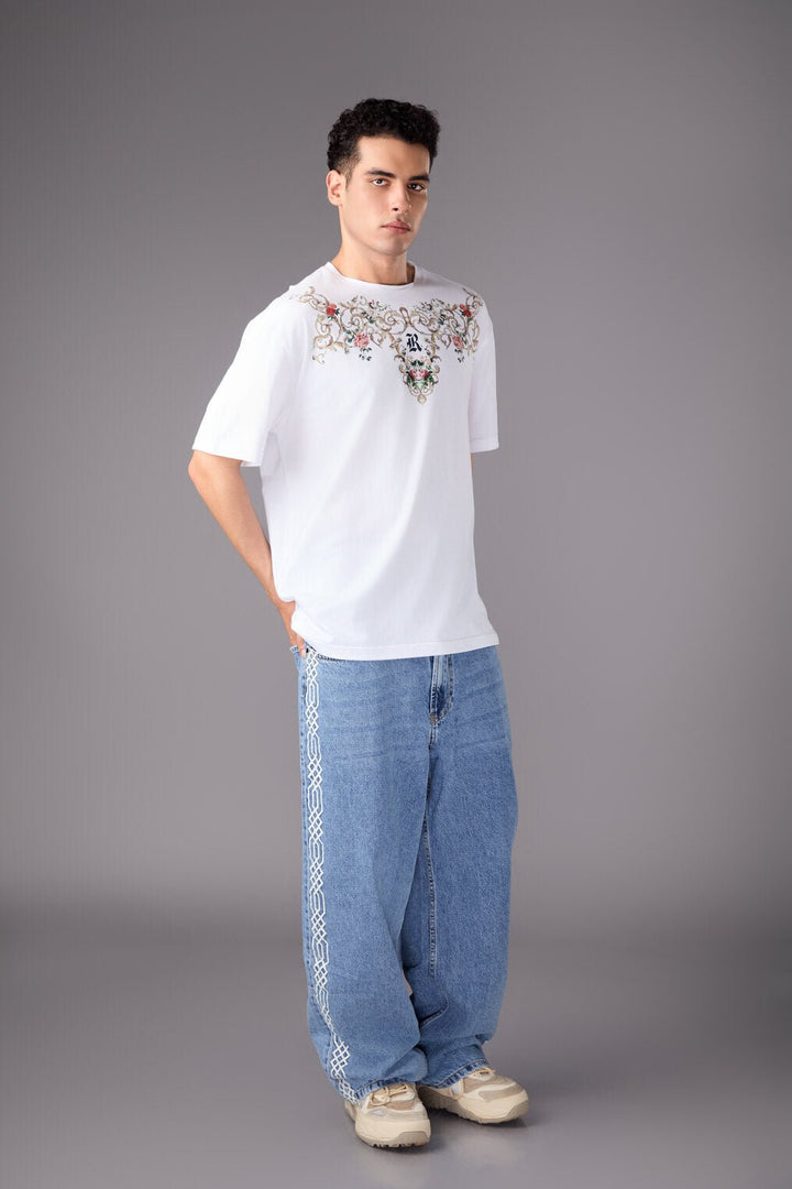 Men’s White Floral Embroidered T-Shirt - Flashmob India Flashmob India Men Tshirt