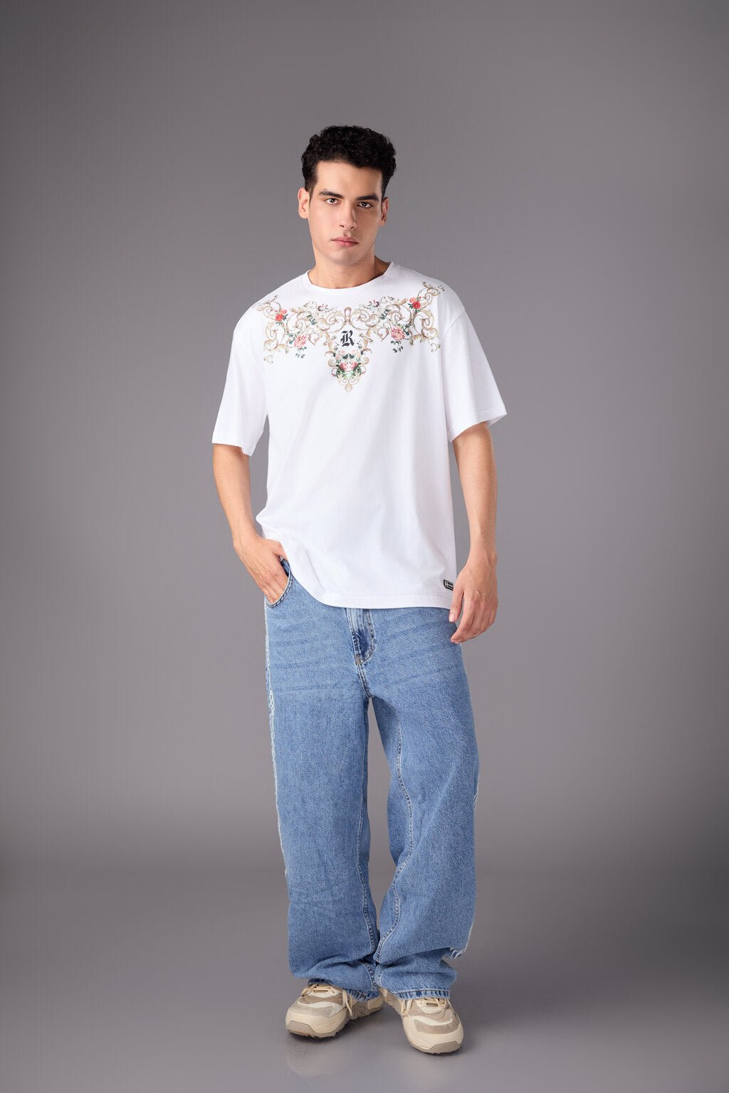 Men’s White Floral Embroidered T-Shirt - Flashmob India Flashmob India Men Tshirt