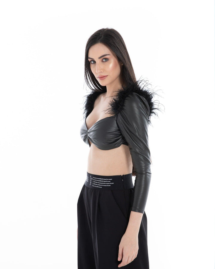 Women’s Black Faux Leather Feather Crop Top - Flashmob India Flashmob Nation None