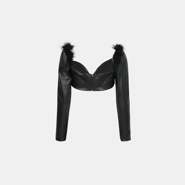 Women’s Black Faux Leather Feather Crop Top - Flashmob India Flashmob Nation  None