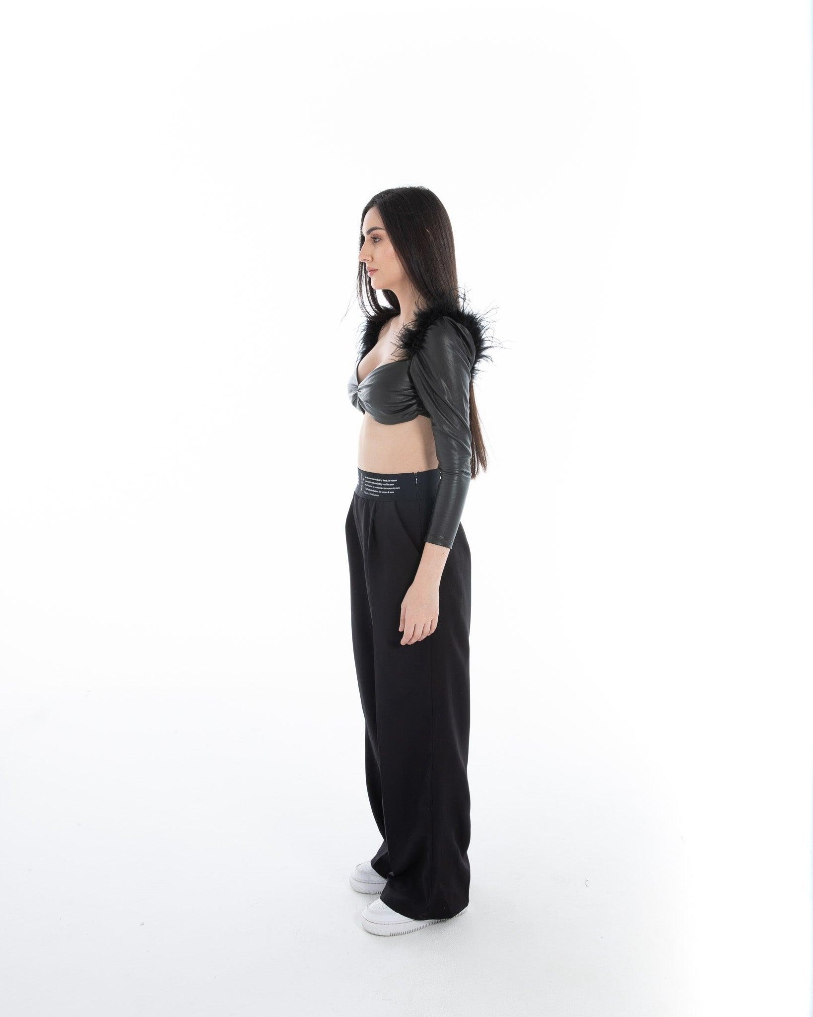 Women’s Black Faux Leather Feather Crop Top - Flashmob India Flashmob Nation None