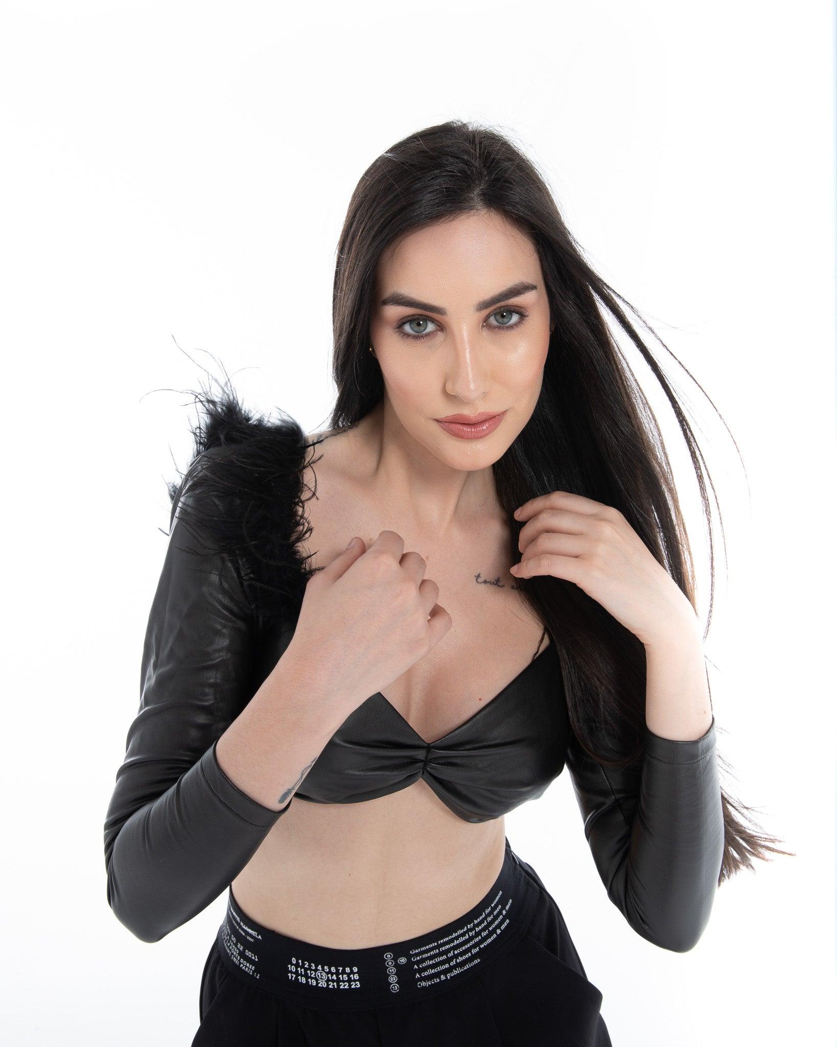 Women’s Black Faux Leather Feather Crop Top - Flashmob India Flashmob Nation None