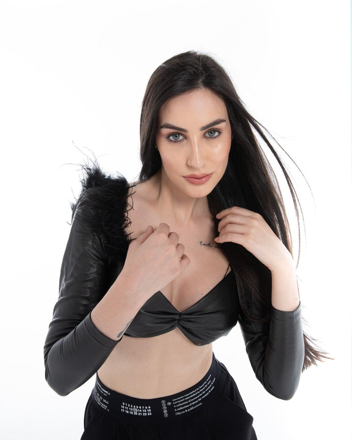Women’s Black Faux Leather Feather Crop Top - Flashmob India Flashmob Nation None