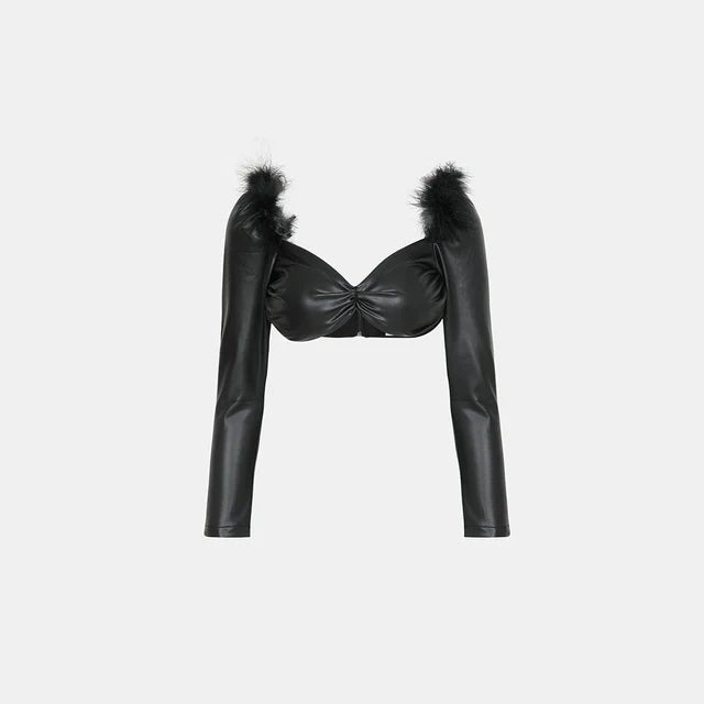 Women’s Black Faux Leather Feather Crop Top - Flashmob India Flashmob Nation  None