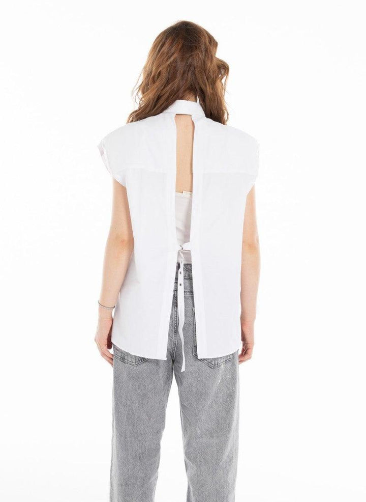 Back view of white Women's High Collar Sleeveless Shirt showing open slit detail by Flashmob Nation.