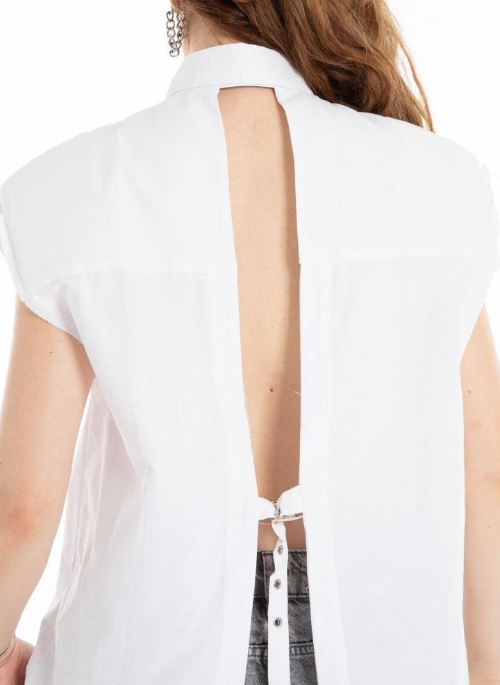 Close up back view of white High Collar Sleeveless Shirt showcasing cutout tie design by Flashmob Nation.