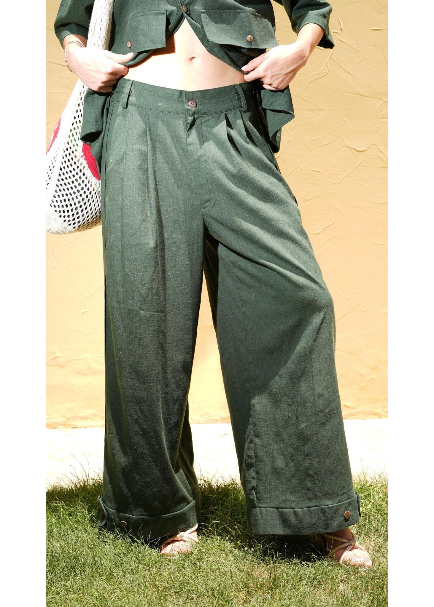 Cropped front view highlighting the wide leg fit of Women's Army Green Linen Carpenter Pants by Flashmob Nation.